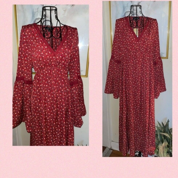 SUZANNE BETRO "RUST FLORAL LACE TRIM~MIDI DRESS~V-NECK~BELL SLEEVES~X-LARGE - Picture 6 of 9